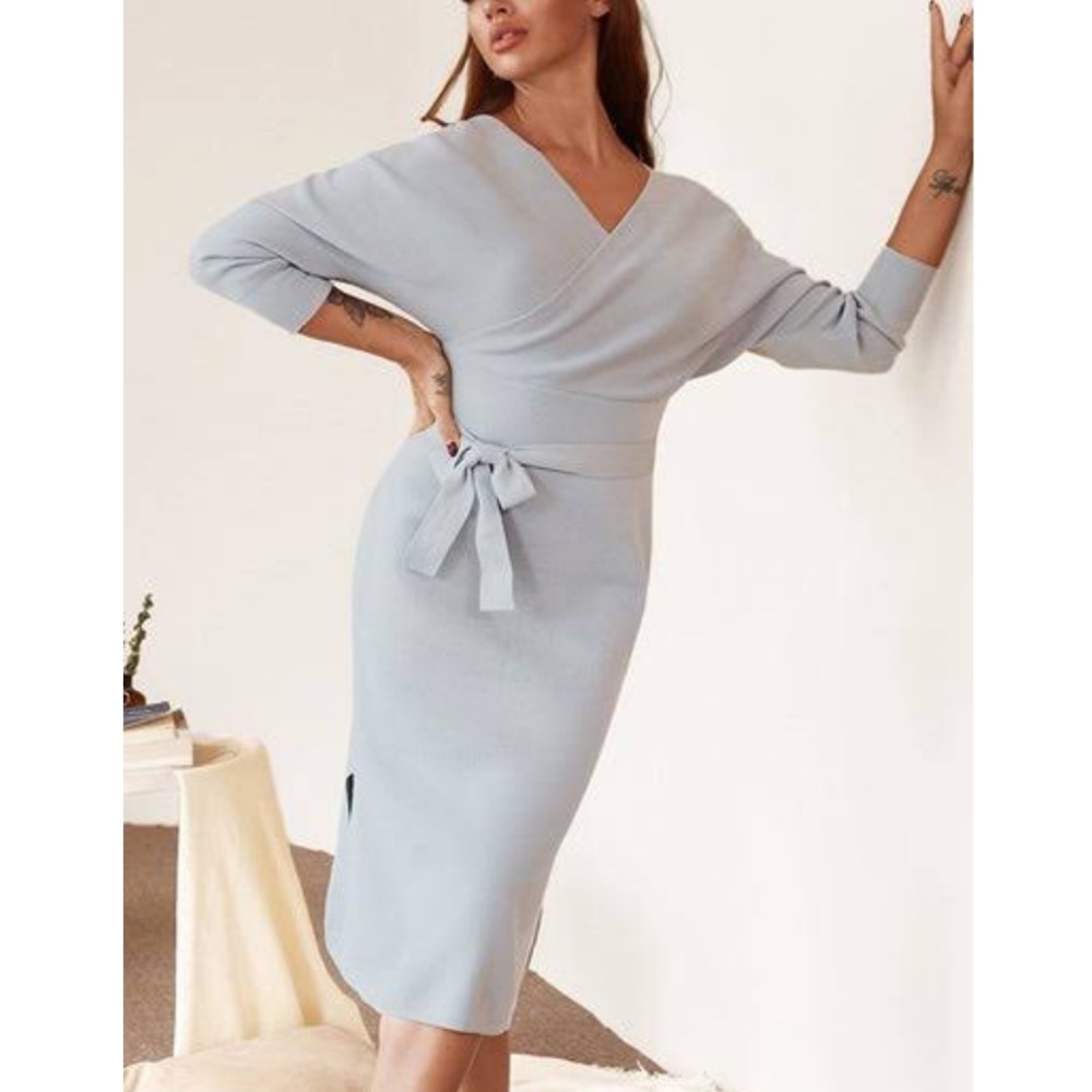 Cupshe Gray Drop Shoulder Faux Wrap Knit Sweater Dress